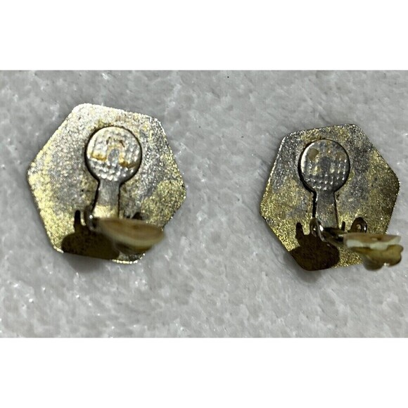 Vintage Cloisonné Bird Clip On Earrings Retro Bird Lovers Gold Tone Hexagon - Picture 8 of 10